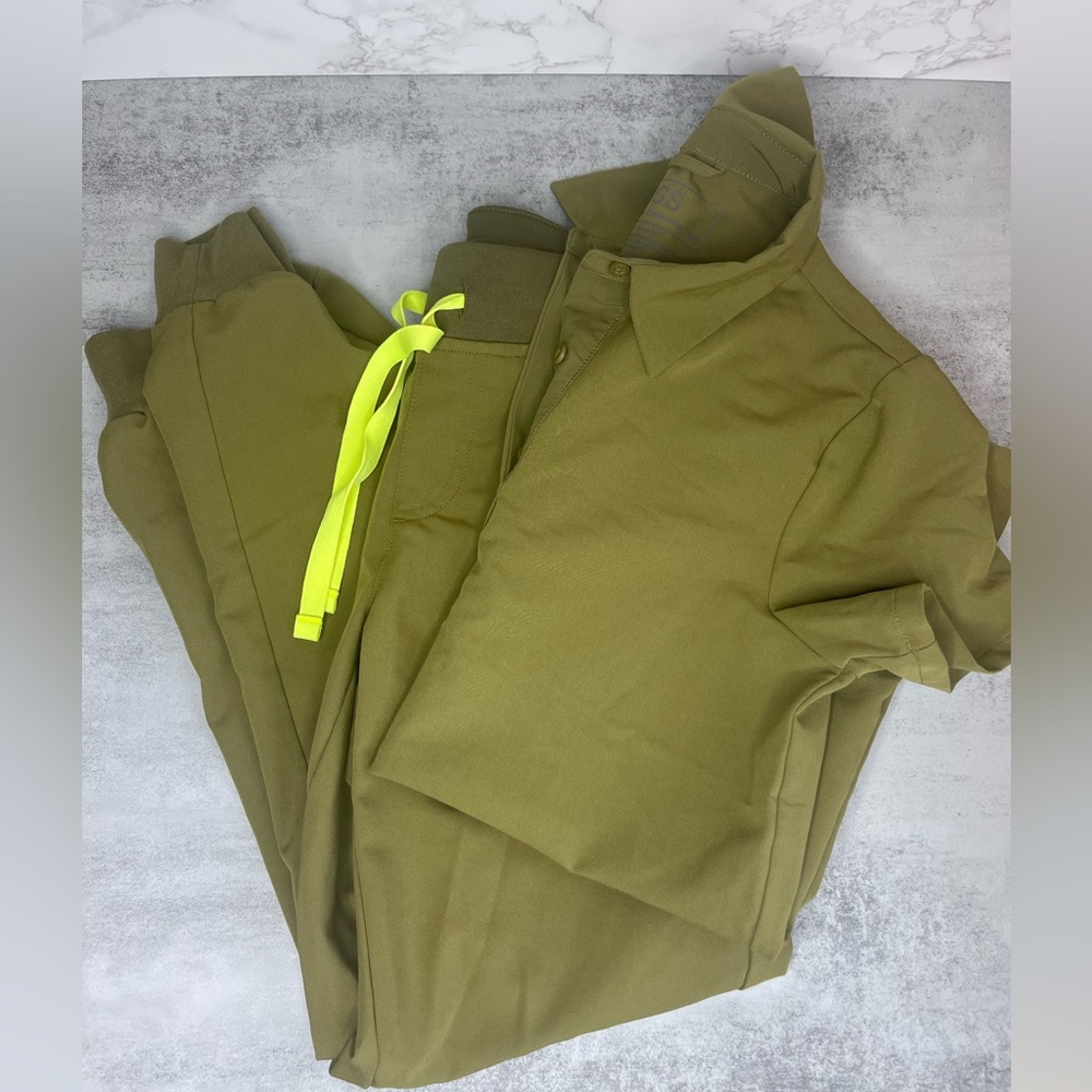 Figs Olive Green Scrub Set with Neon Yellow Drawstring